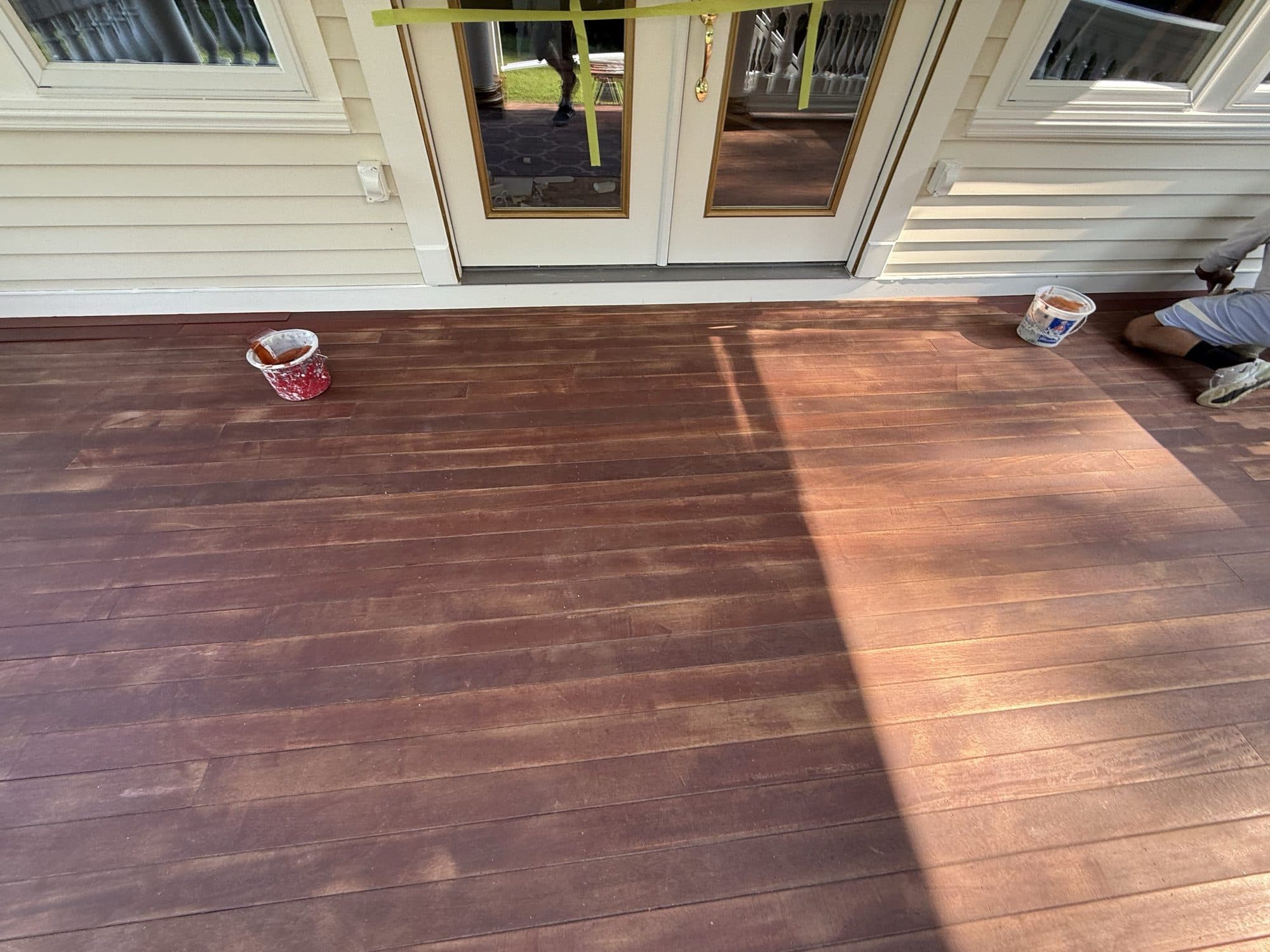 Freshly stained porch decking